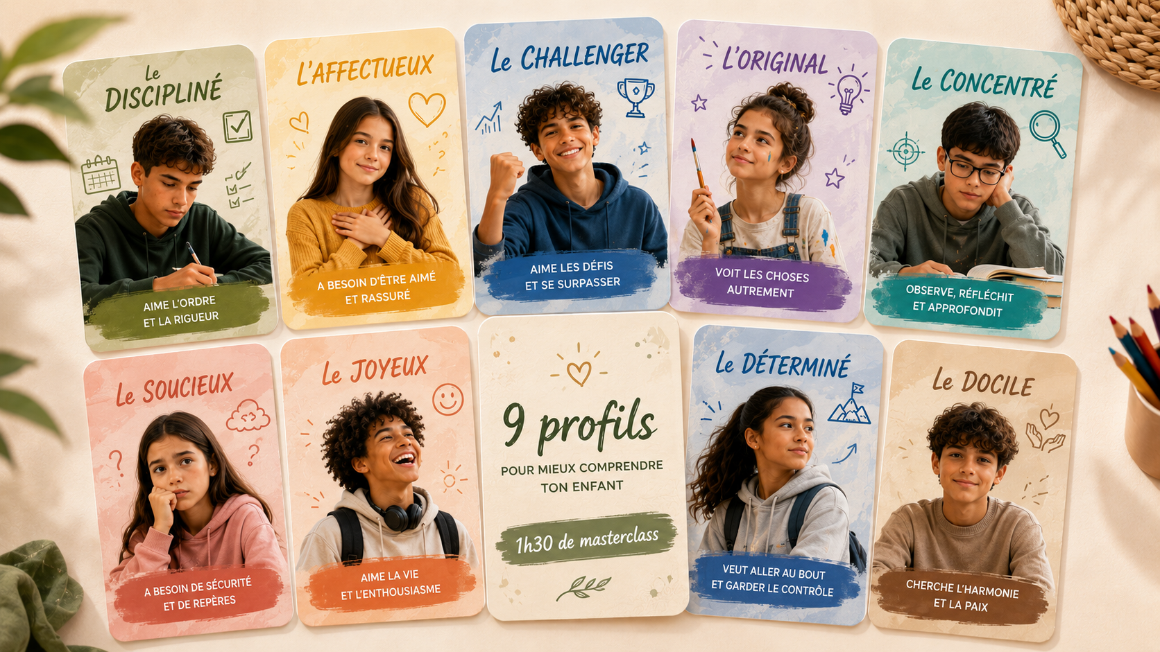 Un groupe d'enfants et d'adolescents curieux et souriants, réunis autour d'activités créatives — illustration des 9 profils explorés pendant la masterclass, 1h30, 9 profils